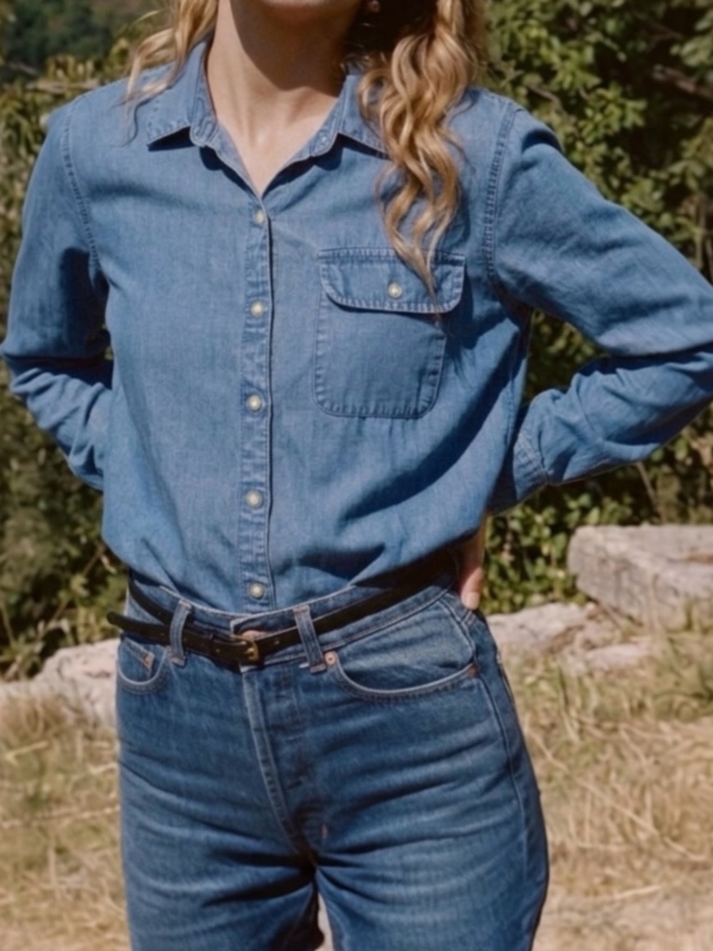 Lucky Brand Chambray Button Down Shirt Blue M Lightweight Boho Western